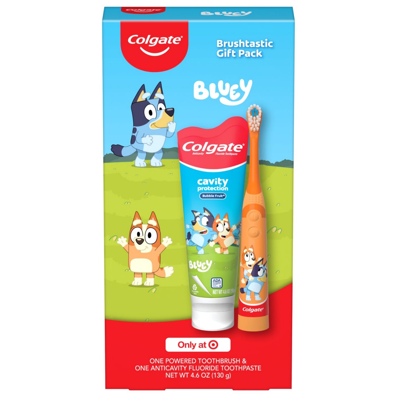 Colgate Brushtastic Gift Pack featuring a Cavity Protection Bubble Fruit toothpaste and a Bluey toothbrush.