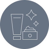 Icon of a skincare products alongside shining stars representing "Healthy Skin".
