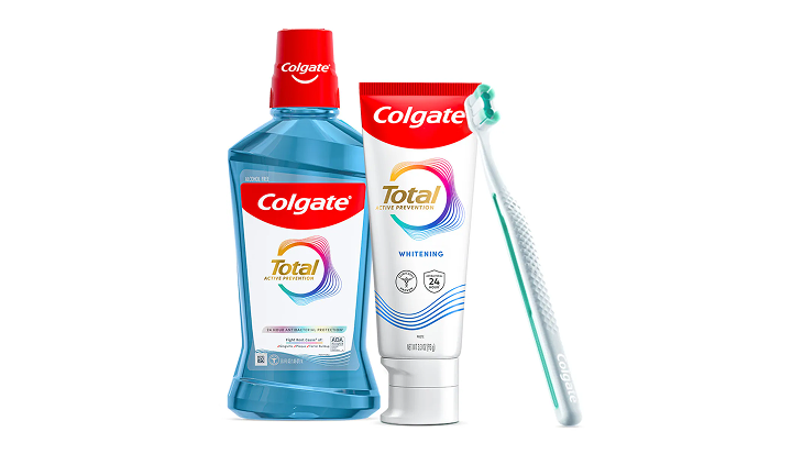Colgate Total Active Prevention System oral health products, including mouthwash, toothpaste, and a toothbrush.