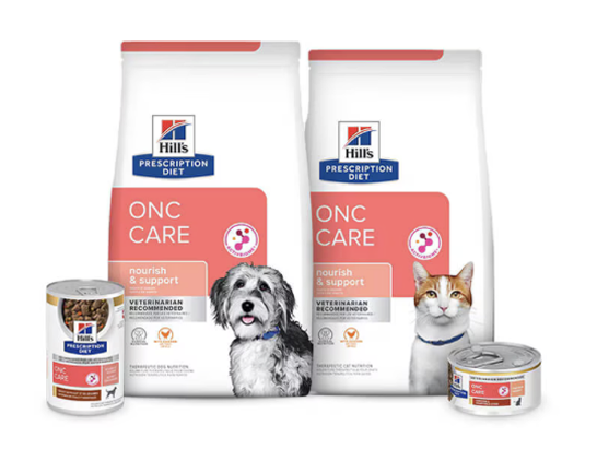 Hill's Prescription Diet pet food products, including a pet food bag for dogs and cats, as well as cans of pet food.