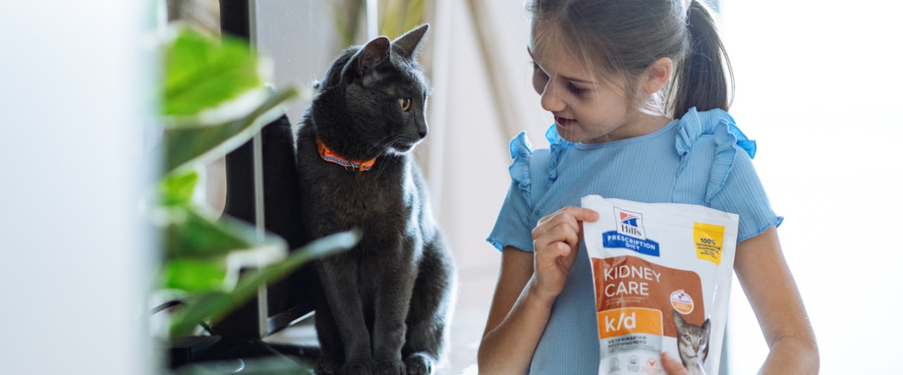 Girl holding a bag of Hill's Prescription Diet Kidney Care treats for cats as a cat sits nearby.