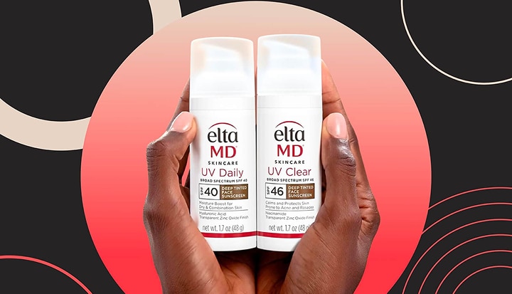 Two hands holding EltaMD's Deep Tint face sunscreen product for healthier skin.