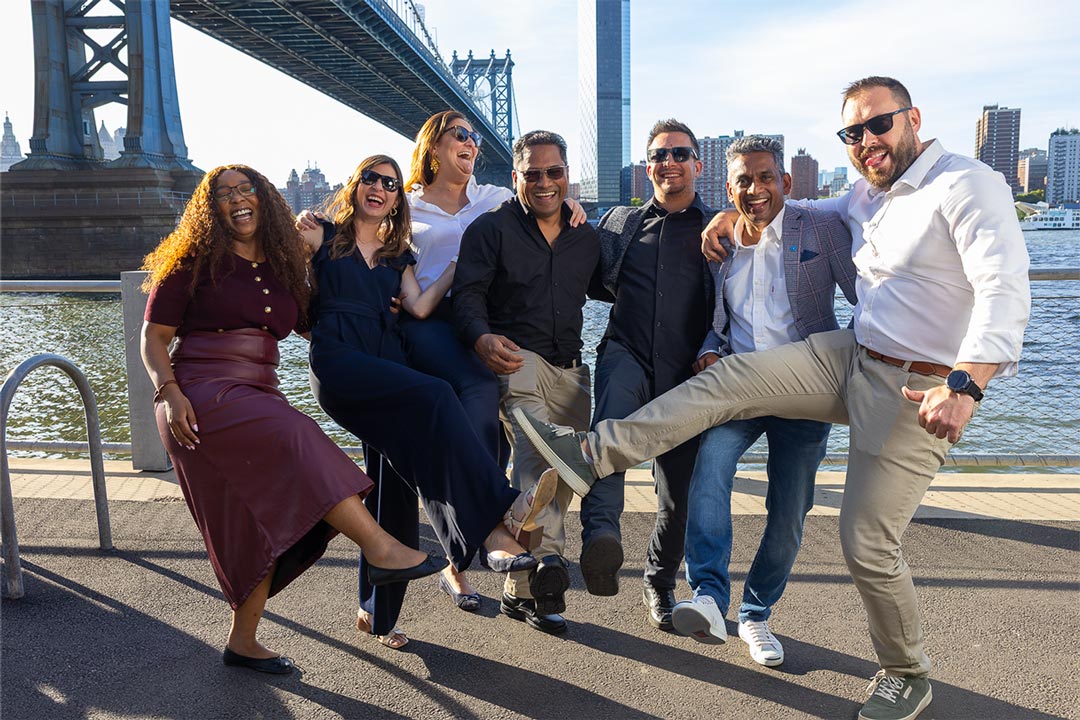Celebrating in front of the Manhattan Bridge in the Dumbo neighborhood of Brooklyn.