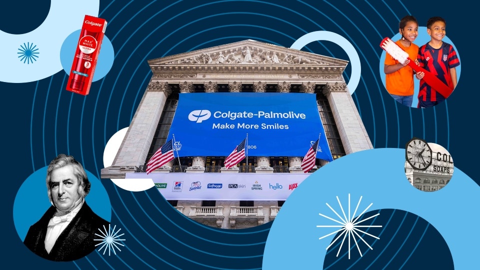 Colgate-Palmolive history collage featuring founder William Colgate, the NYSE building and children.