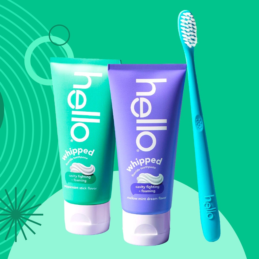Collage showing two tubes of hello Whipped toothpaste, product on brush and decorative motifs.