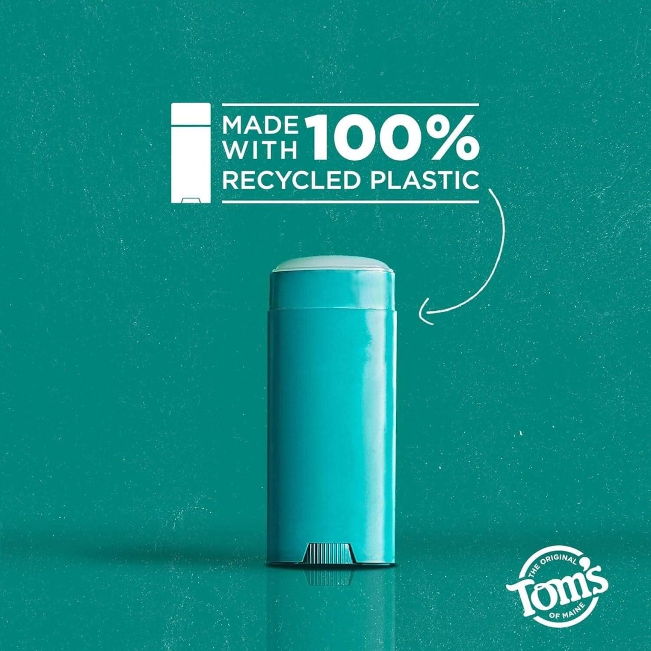 an image showing tom's of maine being made with 100% recycled plastic with a green background