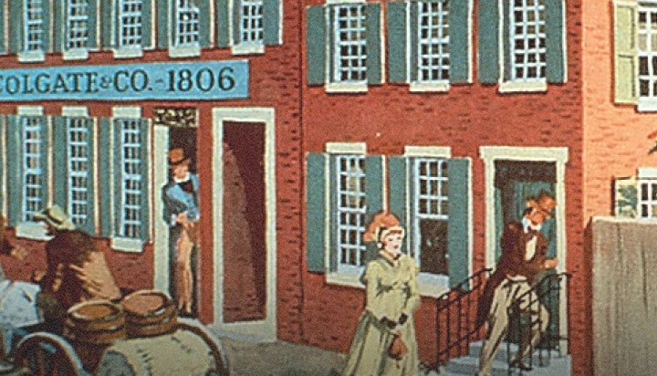 Painting of a 19th-century street scene showing people walking, a woman with a parasol, and a building with blue shutters and a Colgate Co. 1806 sign