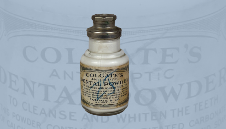 Bottles of Colgate's Dental Powder with a metal cap from 1873.