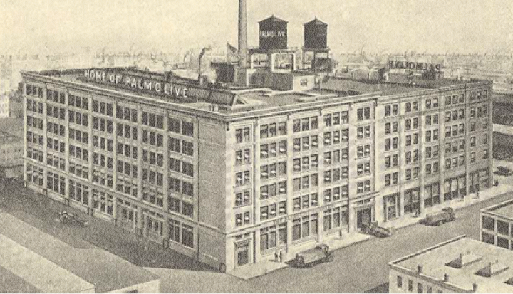 Black and white photo of a large, multi-story Palmolive Company factory in Milwaukee, Wisconsin.