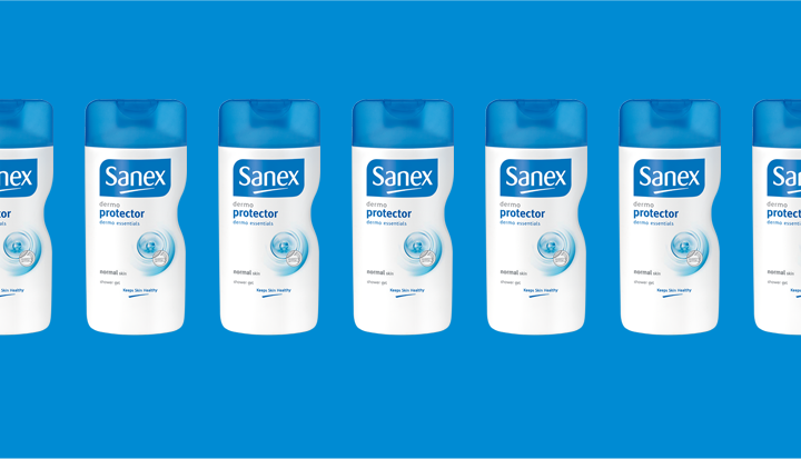 Six bottles of Sanex protector deodorant lined up on a blue background.