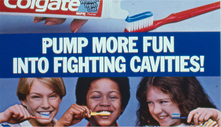 Ad from the 1960s for Colgate toothpaste showing three children holding toothbrushes, with text reading "Pump More Fun Into Fighting Cavities".