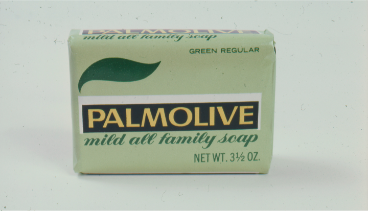 Soap bar with green packaging labeled Palmolive Mild All Family Soap from 1898.