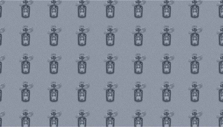Pattern of small Colgate soap and perfume bottles from 1900 against a light gray background.