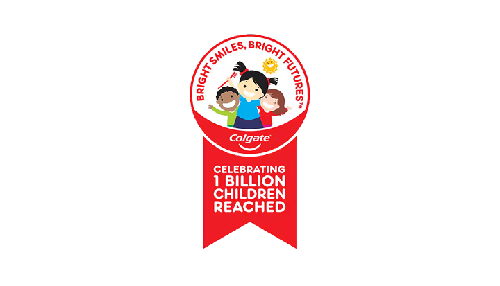 Colgate "Bright Smiles, Bright Futures" logo with a circular illustration of three children smiling, celebrating reaching 1 billion children helped.