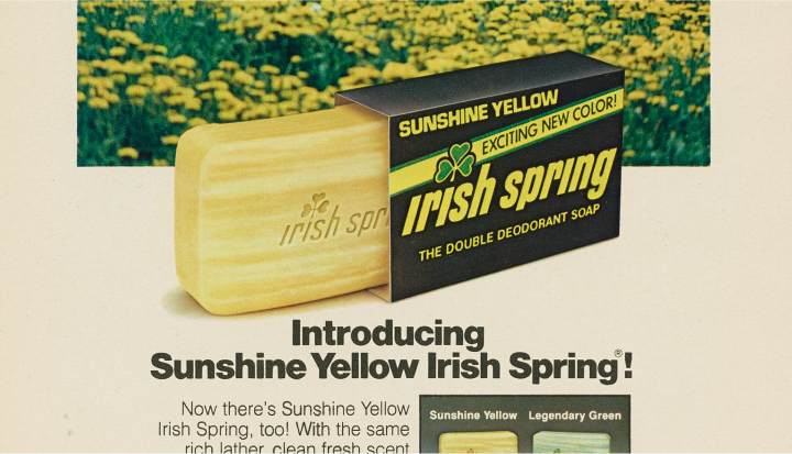 Ad introducing Sunshine Yellow Irish Spring deodorant soap with packaging that reads "Exciting New Color".